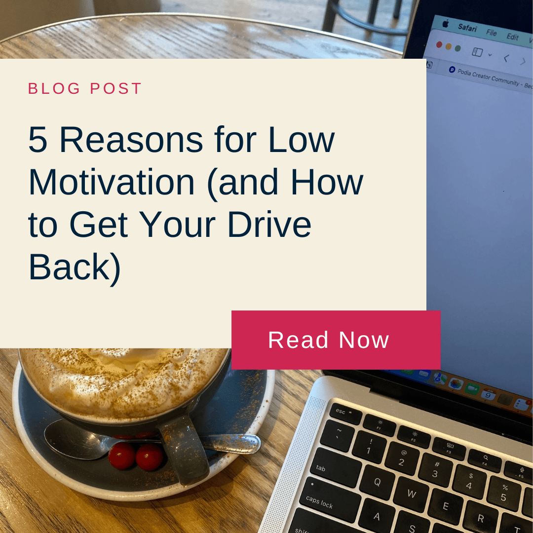 Cup of cappuccino with whipped cream and cinnamon on a wooden table beside a laptop. Overlay text reads: "Blog Post: 5 Reasons for Low Motivation (and How to Get Your Drive Back). Read Now."